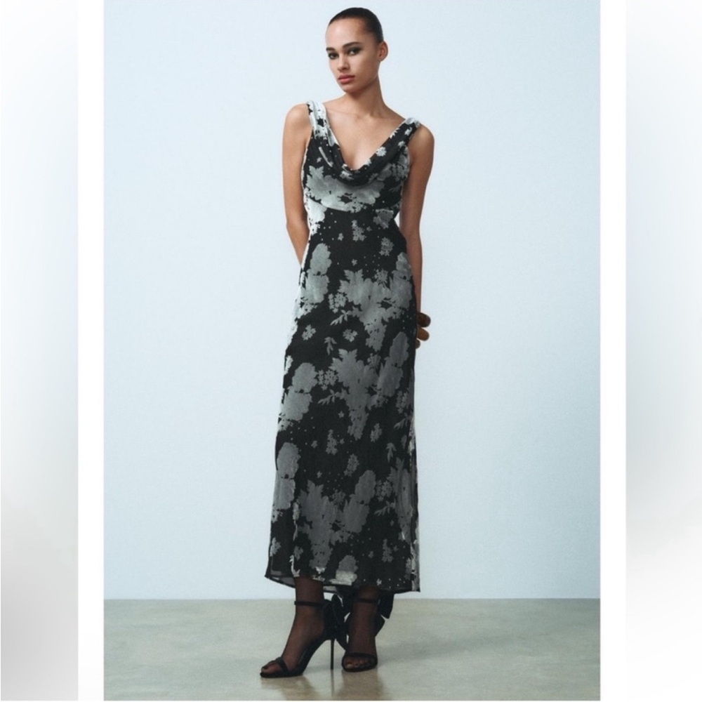 Zara Black and Gray Floral Maxi Dress